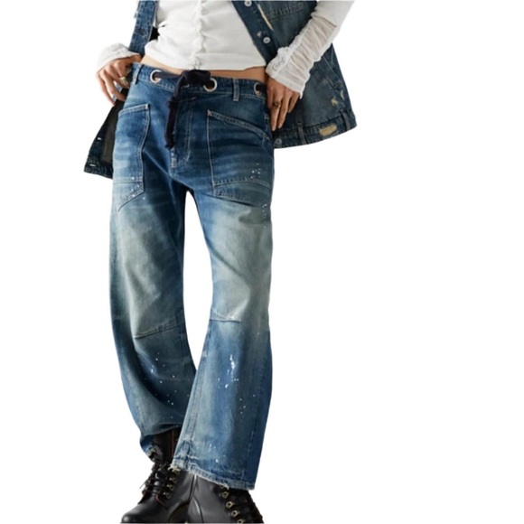 FREE PEOPLE We The Free Moxie Low Slung Barrel Jeans 31 Timeless Blue $148 NWT - Picture 1 of 16